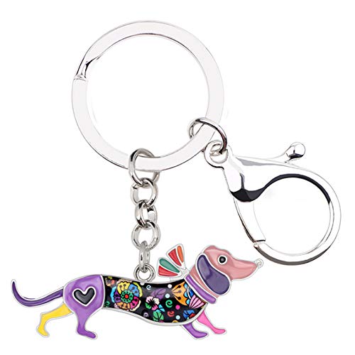 WEVENI Metall-Legierung Elegante Hut Dackel Hund Schlüsselketten Ringe Emaille Schlüsselanhänger Schmuck Für Frauen Mädchen Tasche Auto Charms (Lila) von WEVENI JEWELRY