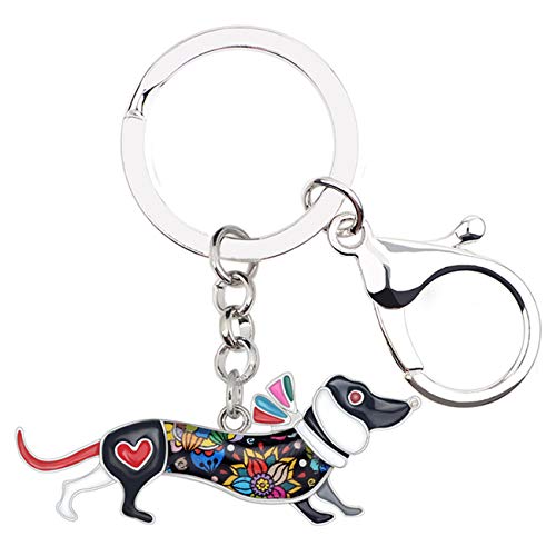 WEVENI Metall-Legierung Elegante Hut Dackel Hund Schlüsselketten Ringe Emaille Schlüsselanhänger Schmuck Für Frauen Mädchen Tasche Auto Charms (Schwarz) von WEVENI