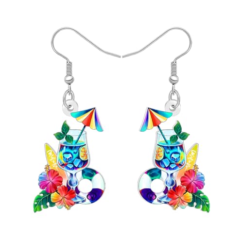 WEVENI Acryl Blumen Obst Weinglas Ohrringe Margarita Cocktail Hibiskus Blumen Hängend Urlaub Sommer Schmuck Hawallian Weinliebhaber Geschenke für Damen Mädchen Mom (Bunt) von WEVENI