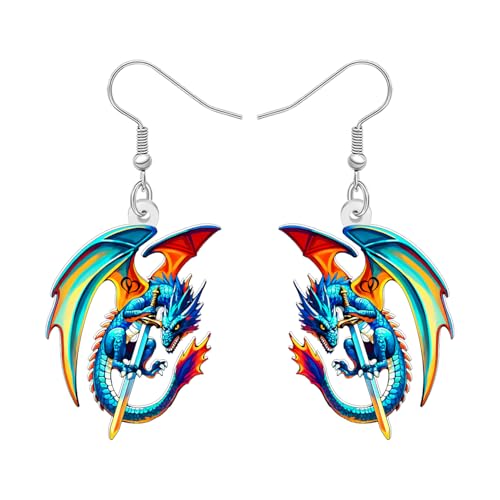 WEVENI Acryl Cool Dragon Ohrringe Fantasy Dinosaurier mit Schwert Drache Ohrringe Westernschmuck Zubehör Geschenke für Damen Mädchen Mom (Blau) von WEVENI