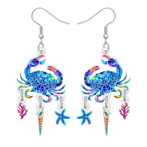 WEVENI Acryl Krabbe Ohrringe Hängend Ozean Seestern Shell Schmuck Strand Charms Sommer Geschenke für Damen Mädchen Mama Lehrer Tierliebhaber (Blau) von WEVENI