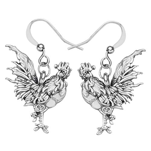 WEVENI Antik Hahn Henne Huhn Ohrringe Dangle Bauernhoftiere Schmuck Geschenk für Mädchen Frauen (Silver Rooster) von WEVENI