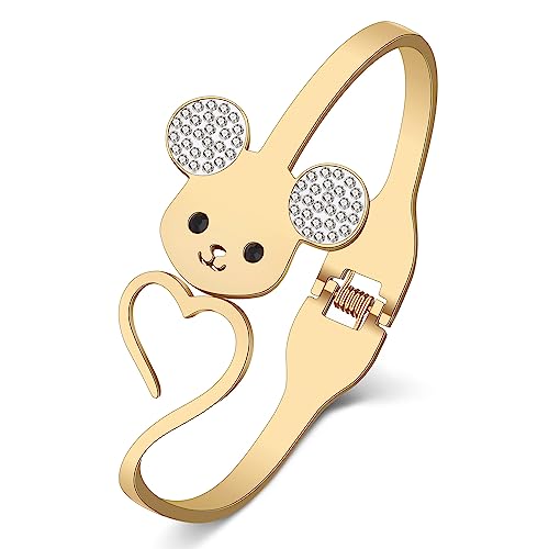 WEVENI Cute Ratte Armband Edelstahl Cute Ratten Manschette Armreif 18K Vergoldet Ratte Zubehör Charms für Damen Mädchen Tierliebhaber (Gold Plattiert) von WEVENI