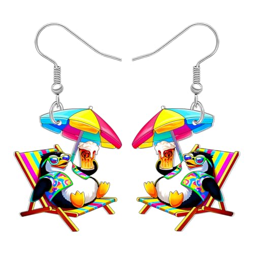 WEVENI Fun Pinguin Geschenke Acryl Hawaii Strand Pinguin Ohrringe mit Regenbogen Regenschirm Charms Hawaii Strand Schmuck für Damen Mädchen Mama (Regenbogen) von WEVENI