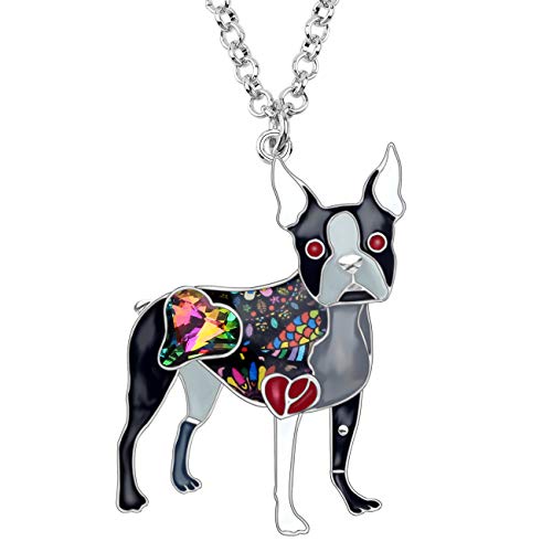 WEVENI Legierung Emaille Strass Boston Terrier Hundehalsband für Damen Mädchen Kristall Anhänger Tierschmuck Geschenke (Schwarz) von WEVENI