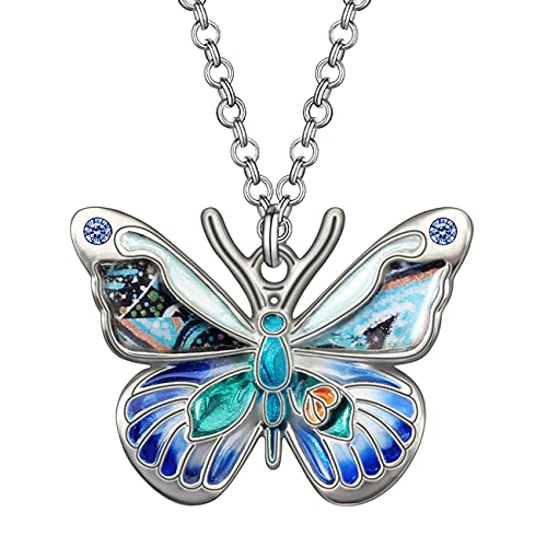 WEVENI Legierung Strass Schmetterling Halskette für Frauen Mädchen Insekt Anhänger Emaille Charme Kristall Schmuck Geschenke (Blau) von WEVENI