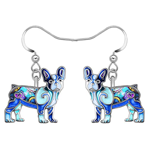 WEVENI Legierung niedlich Französisch Bulldogge Ohrringe Gold versilbert Dangle Drop Haustier Hundeschmuck für Mädchen Frauen Damen Geschenk (Blau) von WEVENI