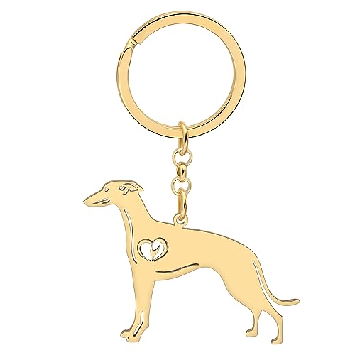 WEVENI Niedlicher Hunde-Schlüsselanhänger, 18 Karat vergoldet, Edelstahl, Schlüsselanhänger, Ring, Zubehör, Charms, Hundeliebhaber, Geschenke für Frauen und Mädchen, Vergoldetes Whippet, 44mm x 53mm von WEVENI