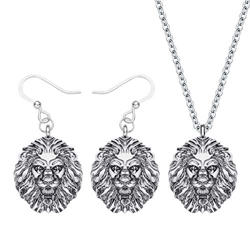 WEVENI Schmuck-Set mit Löwenkopf, Antik-Silber, vergoldet, Tier-Ohrringe, Halskette, Haustier-Anhänger, Geschenke für Frauen und Mädchen, Metall, nicht bekannt von WEVENI