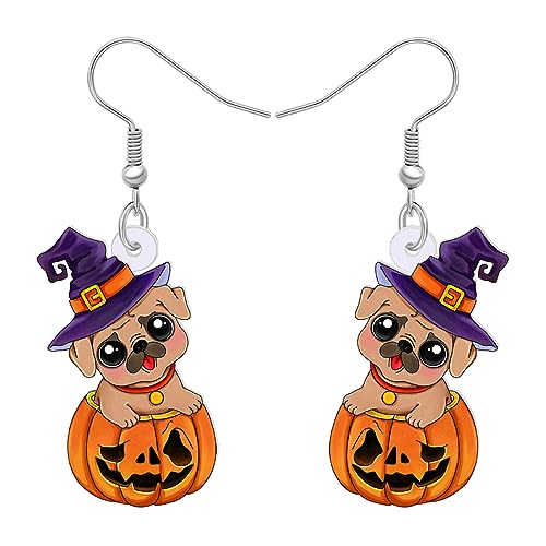 WEVENI Süße Acryl Hund Ohrringe Baumeln Mops Dackel Dekor Schmuck Chihuahua Geschenke Für Frauen Mädchen Kinder Haustier Hund Charms (Halloween Hexenhut Mops C) von WEVENI