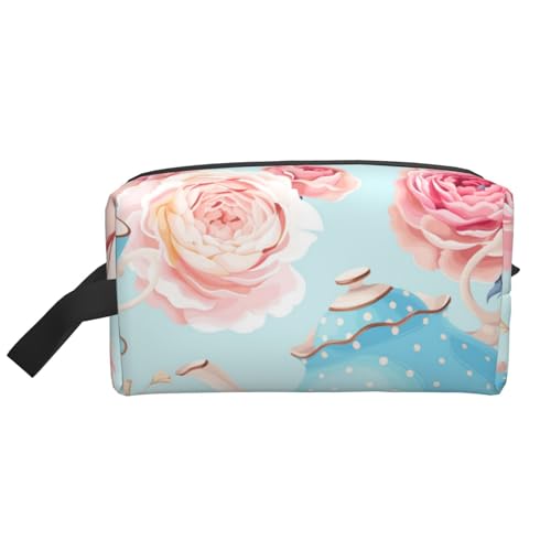 Blumen Rosen Vintage Teekanne Tassen, Make-up-Tasche, Kosmetiktasche, tragbare Reise-Kulturtasche, Make-up-Tasche, Organizer von WEVFGHI