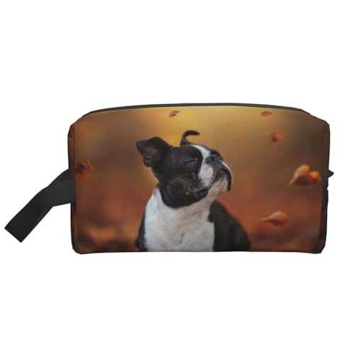 Boston Terrier Herbst Bokeh Hunde Hunde im Wald, Make-up-Tasche, Kosmetiktasche, tragbare Reise-Kulturtasche, Make-up-Tasche, Organizer von WEVFGHI