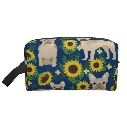 Französische Bulldoggen-Sonnenblumen, Make-up-Tasche, Kosmetiktasche, tragbare Reise-Kulturtasche, Make-up-Tasche, Organizer von WEVFGHI