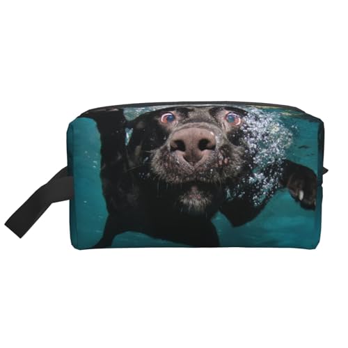 Lustiger schwarzer Labrador Retriever Hund schwimmt mit ausdrucksstarkem Gesicht, Make-up-Tasche, Kosmetiktasche, tragbare Reise-Kulturtasche, Make-up-Tasche, Organizer von WEVFGHI