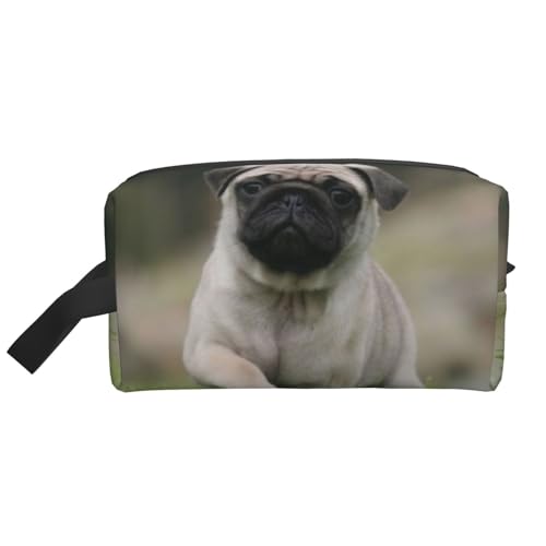 Mops Bokeh Welpen Hunde Rasen Haustiere Mops, Make-up-Tasche, Kosmetiktasche, tragbare Reise-Kulturtasche, Make-up-Tasche, Organizer von WEVFGHI