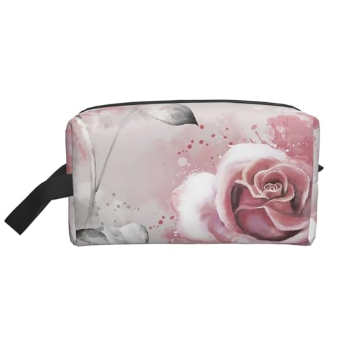 Rosa Blumen-Aquarell-Blumen-Rose-Grau-Blätter-Spritzer, Make-up-Tasche, Kosmetiktasche, tragbare Reise-Kulturtasche, Make-up-Tasche, Organizer von WEVFGHI