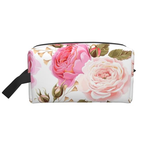 Rosa und weiße Rose, Make-up-Tasche, Kosmetiktasche, tragbare Reise-Kulturtasche, Make-up-Tasche, Organizer von WEVFGHI