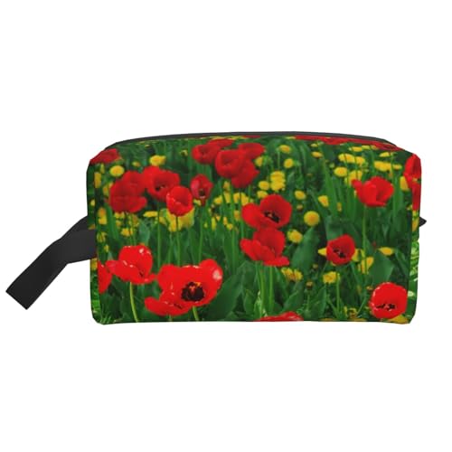 Roter Mohnfeld-Bauernhof-Wiesen-Landschaftsdruck, Make-up-Tasche, Kosmetiktasche, tragbare Reise-Kulturtasche, Make-up-Tasche, Organizer von WEVFGHI