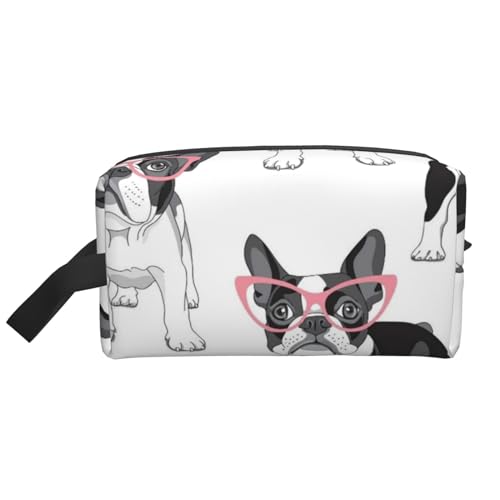 Schwarzer Frenchie-Cartoon, französische Bulldogge, rosa Brille, weißer Hund, Make-up-Tasche, Kosmetiktasche, tragbare Reise-Kulturtasche, Make-up-Tasche, Organizer von WEVFGHI