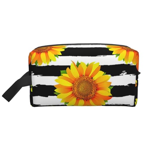 Sonnenblumen auf schwarz-weiß gestreiftem Hintergrund, Make-up-Tasche, Kosmetiktasche, tragbare Reise-Kulturtasche, Make-up-Tasche, Organizer von WEVFGHI