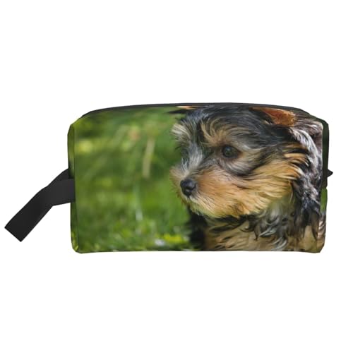 Yorkshire-Terrier-Grüngras-Yorkie-süße Hunde, Make-up-Tasche, Kosmetiktasche, tragbare Reise-Kulturtasche, Make-up-Tasche, Organizer von WEVFGHI