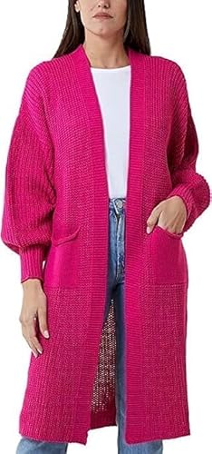 Lange Maxi-Strickjacke für Damen, Ballonärmel, 2 Taschen, vorne offen, Boyfriend-Cardigans Top, fuchsia, L von WEWA