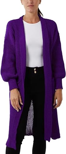 Lange Maxi-Strickjacke für Damen, Ballonärmel, 2 Taschen, vorne offen, Boyfriend-Cardigans Top, violett, M von WEWA