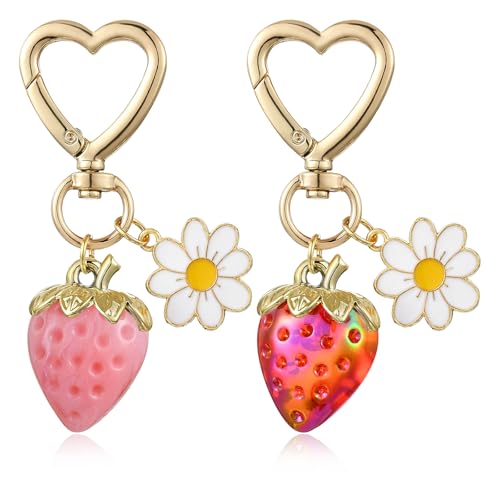 WEWAYSMILE 2 Stück Erdbeer Gänseblümchen Schlüsselanhänger Obst Schlüsselanhänger Geldbörsenanhänger modischer Taschen Schlüssel Accessoire Geschenk für Frauen(Rot + Rosa) von WEWAYSMILE