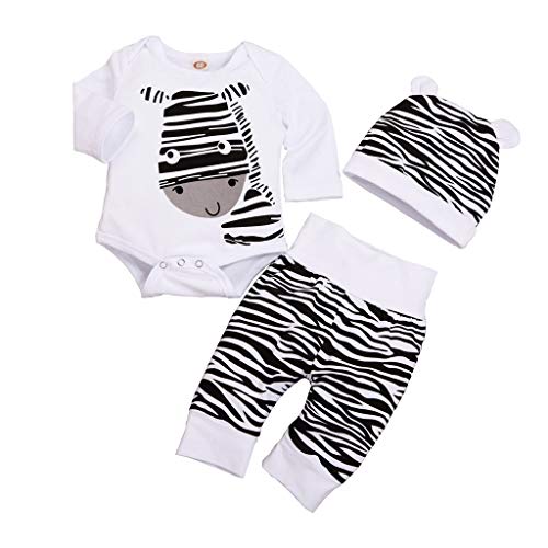 WEXCV Säuglings Baby Mädchen Jungen Kleidung Set Cartoon Zebra Drucken Spielanzug + Schwarzweiss-Streifen Hosen + Hut 3Pcs Herbst Kleidung Süß Kinderkleidung 0-12 Monate von WEXCV