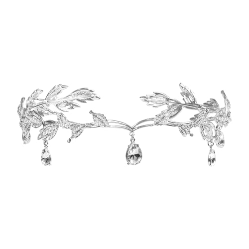 WEXFFU Prinzessin Krone Mädchen, Haarschmuck Braut Krone Damen mit Blatt & Rhinestone Hängend, Hochzeit Haarschmuck Braut Diademe, Tiara Haarreif Hochzeit für Braut Brautjungfer Mädchen (Silber) von WEXFFU