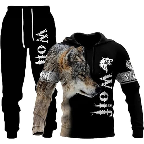 Unisex 3D Druck Kapuzenpullover Wolf Hoodie Herren Jogginganzug Herren Kapuzenpullover Jogger Set Pullover Langarm Fleece Sweatshirt S-6XL (A6,5XL) von WFBZ