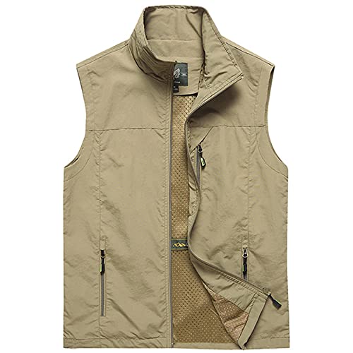 Herren Weste Mit Mehreren Taschen Ärmellose, Dünne, Dünne Frühlings- Und Sommerweste Gilet Arbeitsweste Fotograf Ärmelloses Oberteil,Khaki,L von WFEI