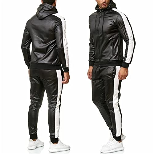 WFEI Herren-PU-Leder-Hoodies Set 2-teiliger lässig-Sweatsuit-Kapuzenjacke und Hosen-Jogging-Anzug-Trainingsanzüge Schweißanzüge,Weiß,XXL von WFEI