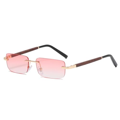 WFFZTZW Modische kleine rechteckige randlose Sonnenbrille mit Farbverlauf für Damen und Herren, Vintage-Holzmaserung, UV400 (rosa Farbverlauf) von WFFZTZW