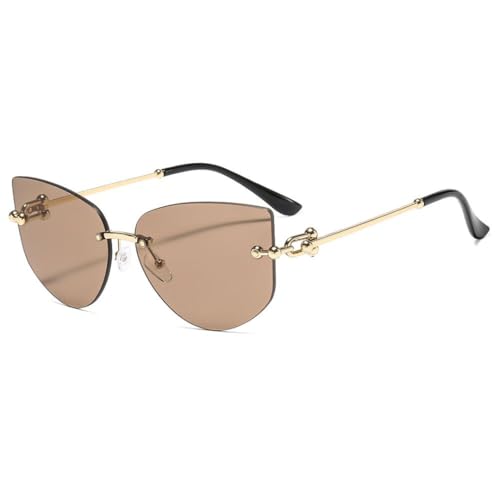 WFFZTZW Modische randlose Cat Eye-Sonnenbrille im polygonalen Design für Damen und Herren, luxuriös, für Reisen, Outdoor, Schatten aus Metall, UV400 (C4Coffee) von WFFZTZW