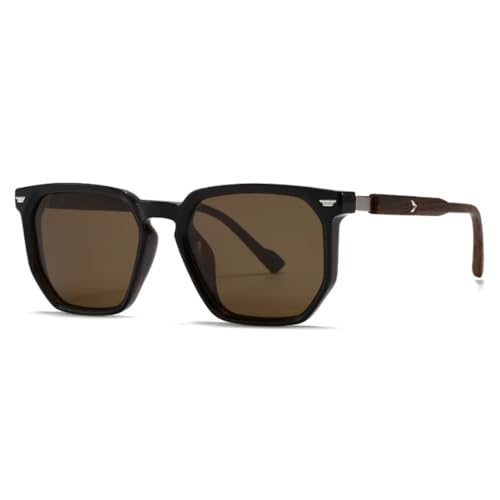 WFFZTZW Polygon-Sonnenbrille für Damen und Herren, Holzmaserung, luxuriöse Nieten, UV400 (Dunkelkaffeetee) von WFFZTZW