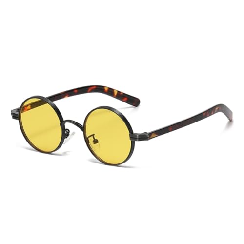 WFFZTZW Retro Kleine Runde Metall Punk Damen Sonnenbrille Mode Klare Linse Herren Trendrahmen UV400 (Gun Leopard Yellow) von WFFZTZW