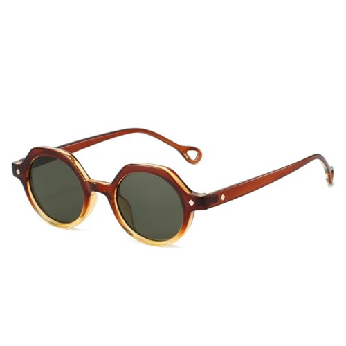 WFFZTZW Retro Kleine Runde Punk-Sonnenbrille für Damen und Herren, Farbverlauf, Leopardenmuster, UV400, Nieten, Sonnenbrille (Braun, Dunkelgrün) von WFFZTZW