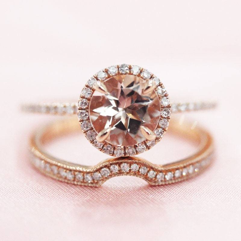 14 K Rose Gold Ringset 7mm Rund Geschnitten Natürlichen Morganit Verlobungsring Halo-Ring Halbe Ewigkeit Diamant Ring Band Braut Gesetzt Jubiläum von WFHomeElements