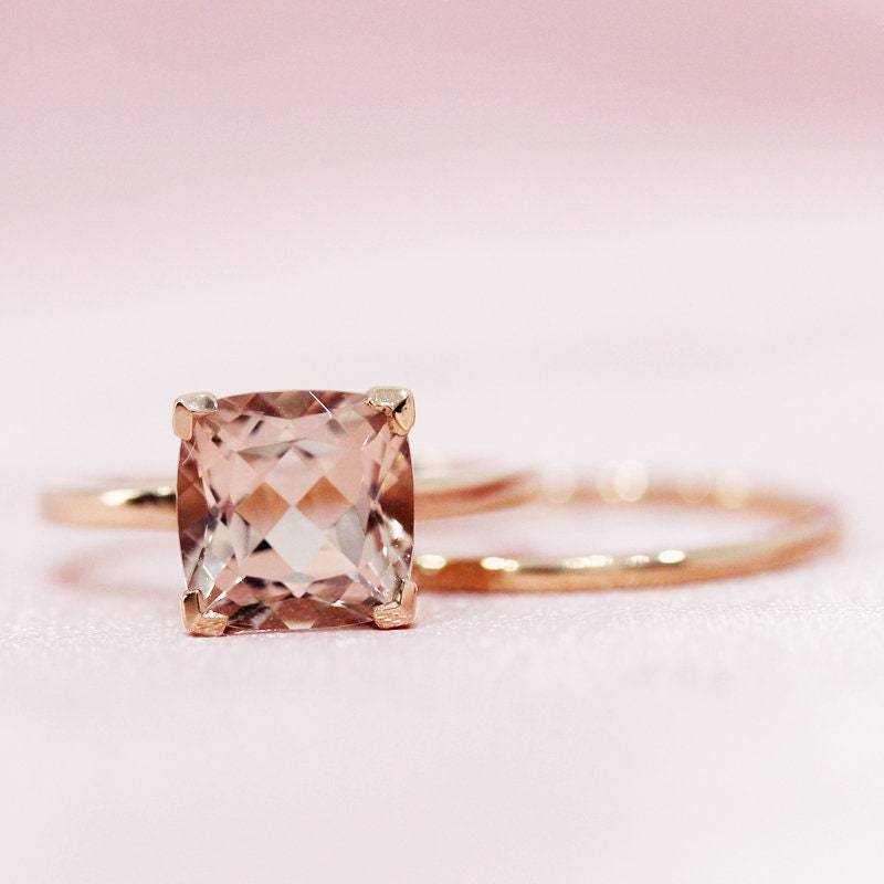 14K Rose Gold Ehering Set 6 Mm Kissen Cut Natürliche Morganit Ring Engagement Schlicht Band Braut Gesetzt Jahrestag von WFHomeElements
