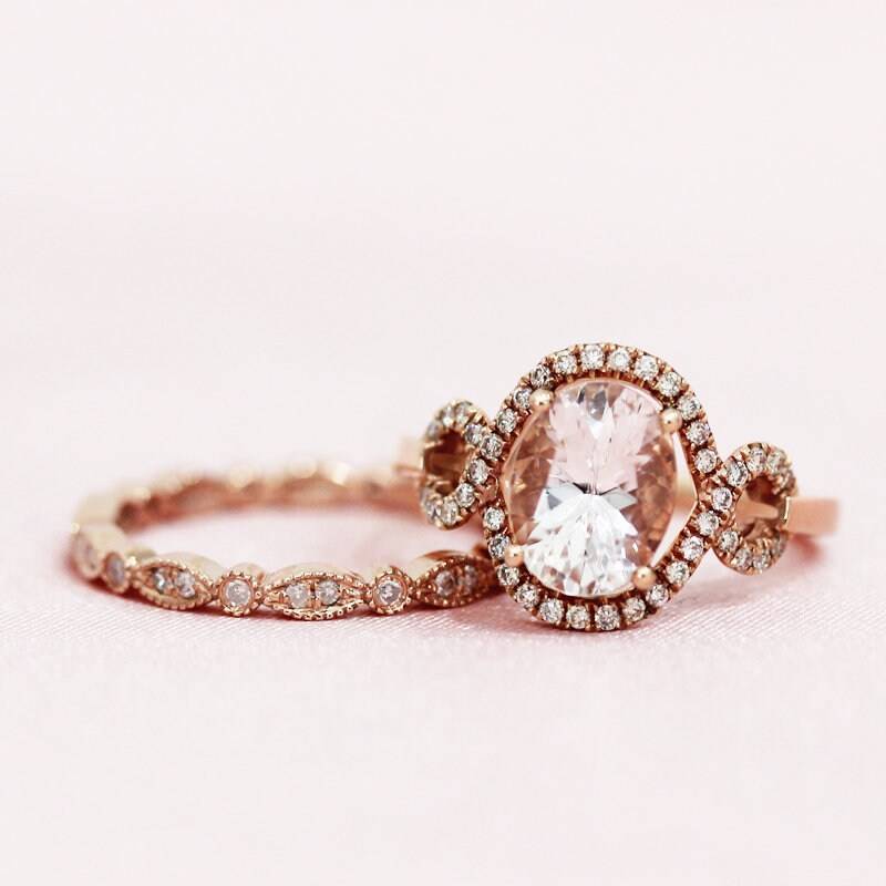 14K Rose Gold Ring Sert 7x9mm Oval Geschnitten Natürlichen Morganit Set Halo Diamanten Voller Ewigkeit Match Braut Bandring Versprechen von WFHomeElements