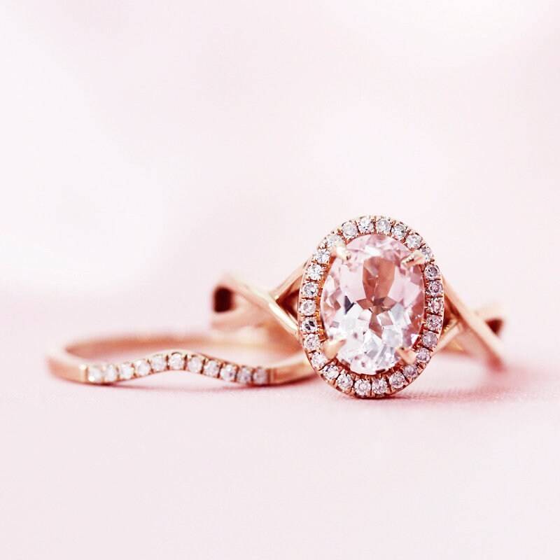 14K Rose Gold Ring Set 6x8mm Oval Geschnitten Natürlichen Rosa Vs Morganit 1/4 Ewigkeit Diamant Stapelbar Braut Jubiläumsring von WFHomeElements