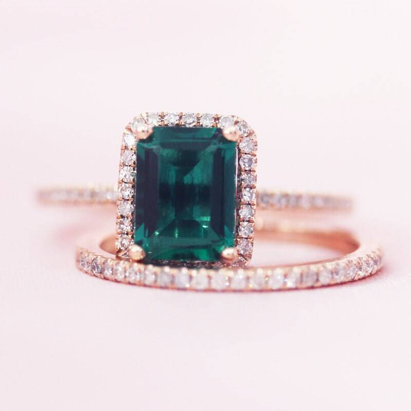 2Pcs 14K Rose Gold Ring 6x8mm Behandelt Smaragd Diamanten Halo Set-Ring Halbe Ewigkeit Hochzeit Jahrestag Promise von WFHomeElements