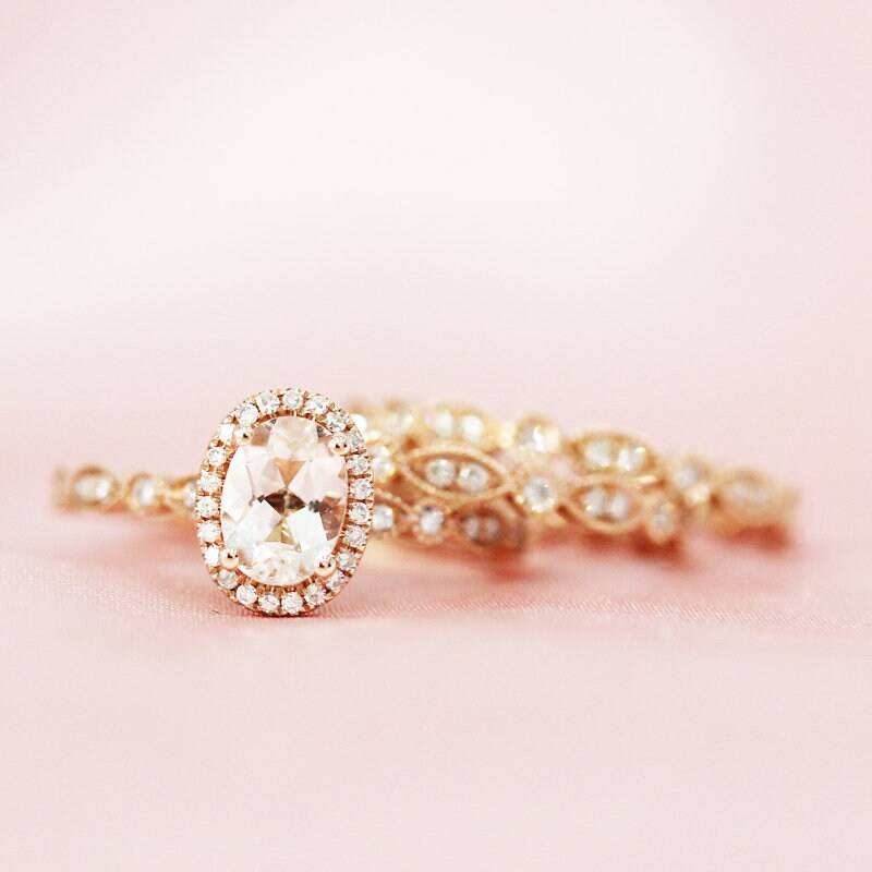 5x7mm Oval Geschnitten Natürlichen Morganit Ring Set Solide 14K Rose Gold Verlobungsring Diamanten Halo Ring, Braut Jubiläumsring von WFHomeElements