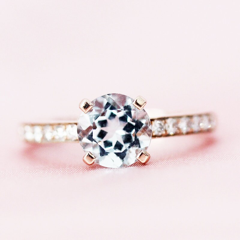 6, 5 Mm Rund Geschnitten Natürlichen Licht Blau Vs Aquamarin Ring Massiv 14K Rose Gold Ehering März Geburtstag Geschenk Braut Verlobungsring von WFHomeElements