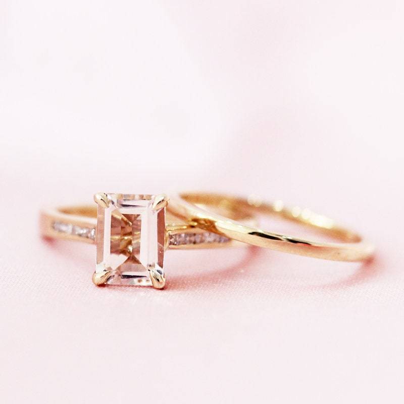 6 8mm Smaragdschliff Natürliche Morganit Ring Massiv 14K Gelb Gold Set Einfarbig Ehering Braut Gesetzt Versprechen von WFHomeElements