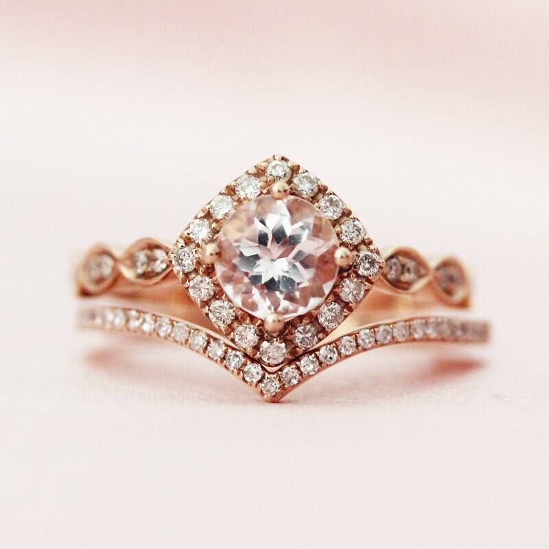 6mm Rund Geschnitten Natürlichen Morganit Ring Set Halo Diamanten Massiv 14K Rose Gold Verlobungsring Halbe Ewigkeit Band von WFHomeElements