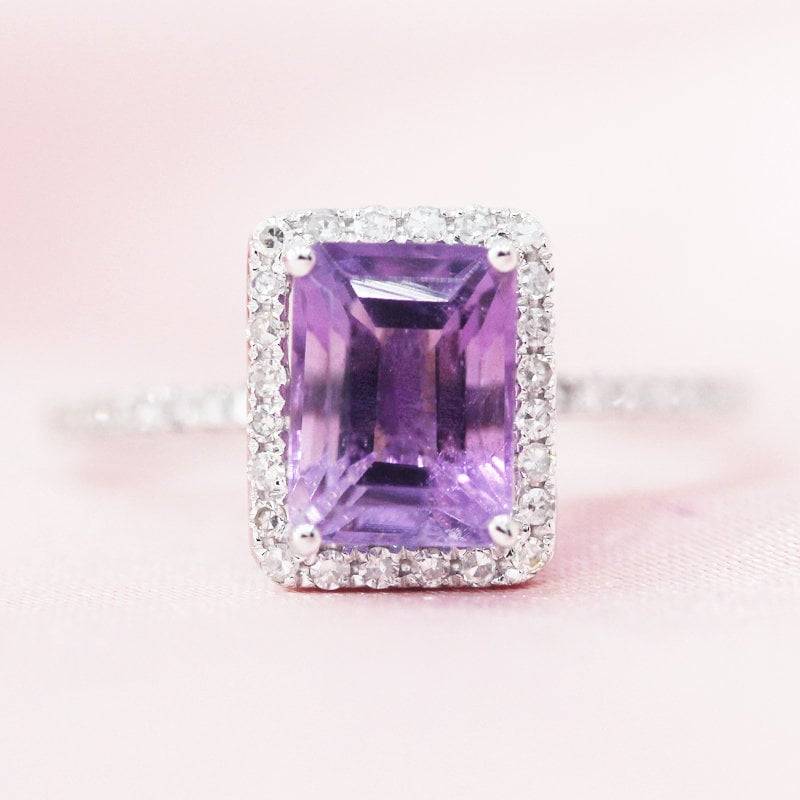 6mmx8mm Smaragdschliff Natürliche Amethyst Ring Birthstonne Diamant Massiv 14K Weißgold Ehering Verlobungsring Braut von WFHomeElements