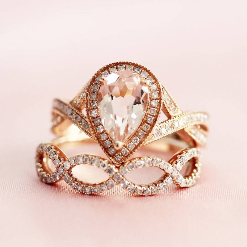 6x8mm Birne Geschnitten Natürlichen Morganit Ring Set Halo-Ring, Die Halbe Ewigkeit Diamanten Solide 14 K Rose Gold Braut Jubiläumsring Gesetzt von WFHomeElements