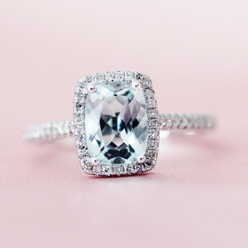 6x8mm Kissen Schnitt 14K Weißgold Ehering Natürliche Blaue Aquamarin Ring Diamant Verlobungsring März Geburtstag Jahrestag von WFHomeElements